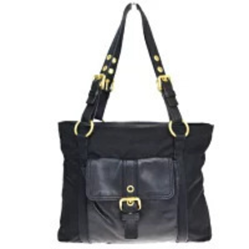 Prada Hobo Bag tote central leather pocket goldtone buckle Black
